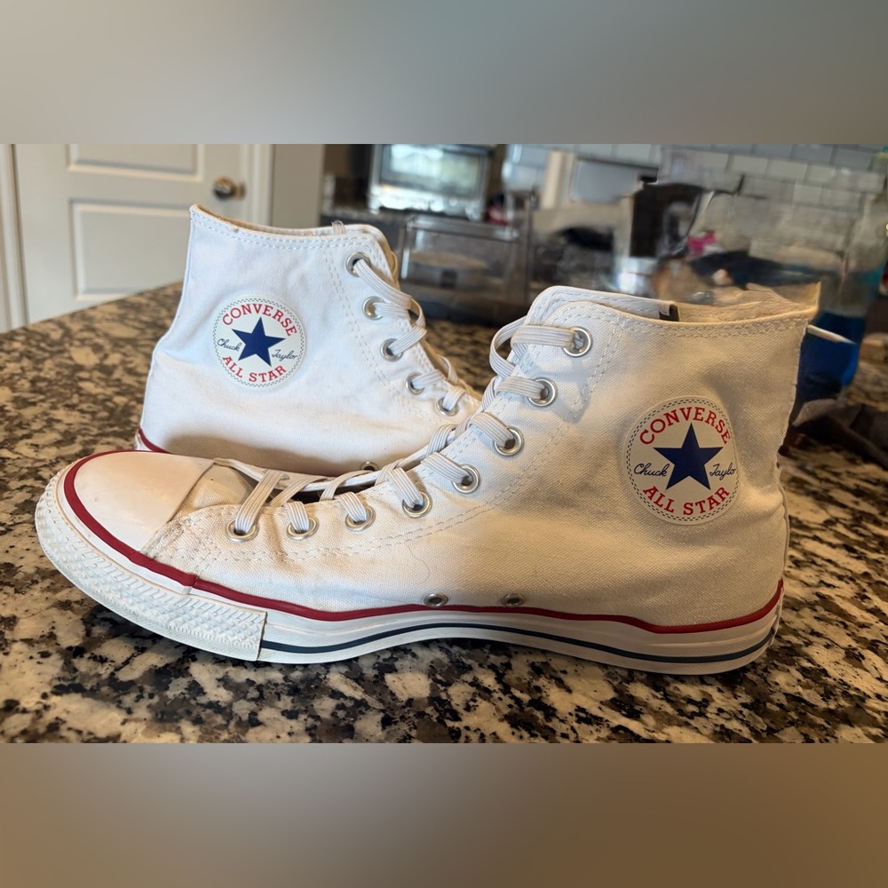 Converse White High Top Sneakers with Red & Navy Stripe